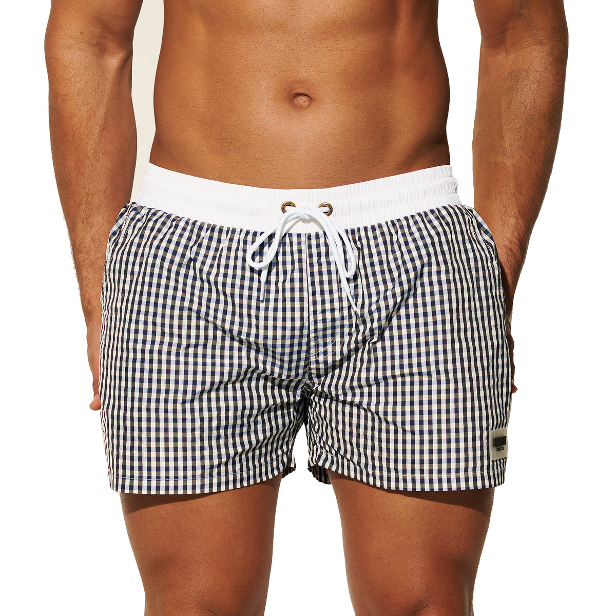 DESMIIT Men's Fashion Fine Check Short Length Quick Dry Board Shorts, Quick‑Dry Breathable Beach Shorts B2466