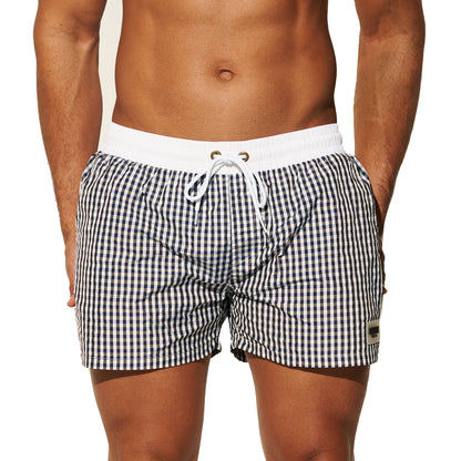 DESMIIT Men's Fashion Fine Check Short Length Quick Dry Board Shorts, Quick‑Dry Breathable Beach Shorts B2466