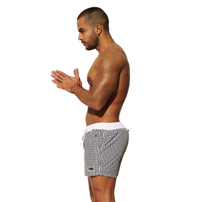 DESMIIT Men's Fashion Fine Check Short Length Quick Dry Board Shorts, Quick‑Dry Breathable Beach Shorts B2466