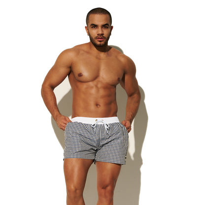 DESMIIT Men's Fashion Fine Check Short Length Quick Dry Board Shorts, Quick‑Dry Breathable Beach Shorts B2466