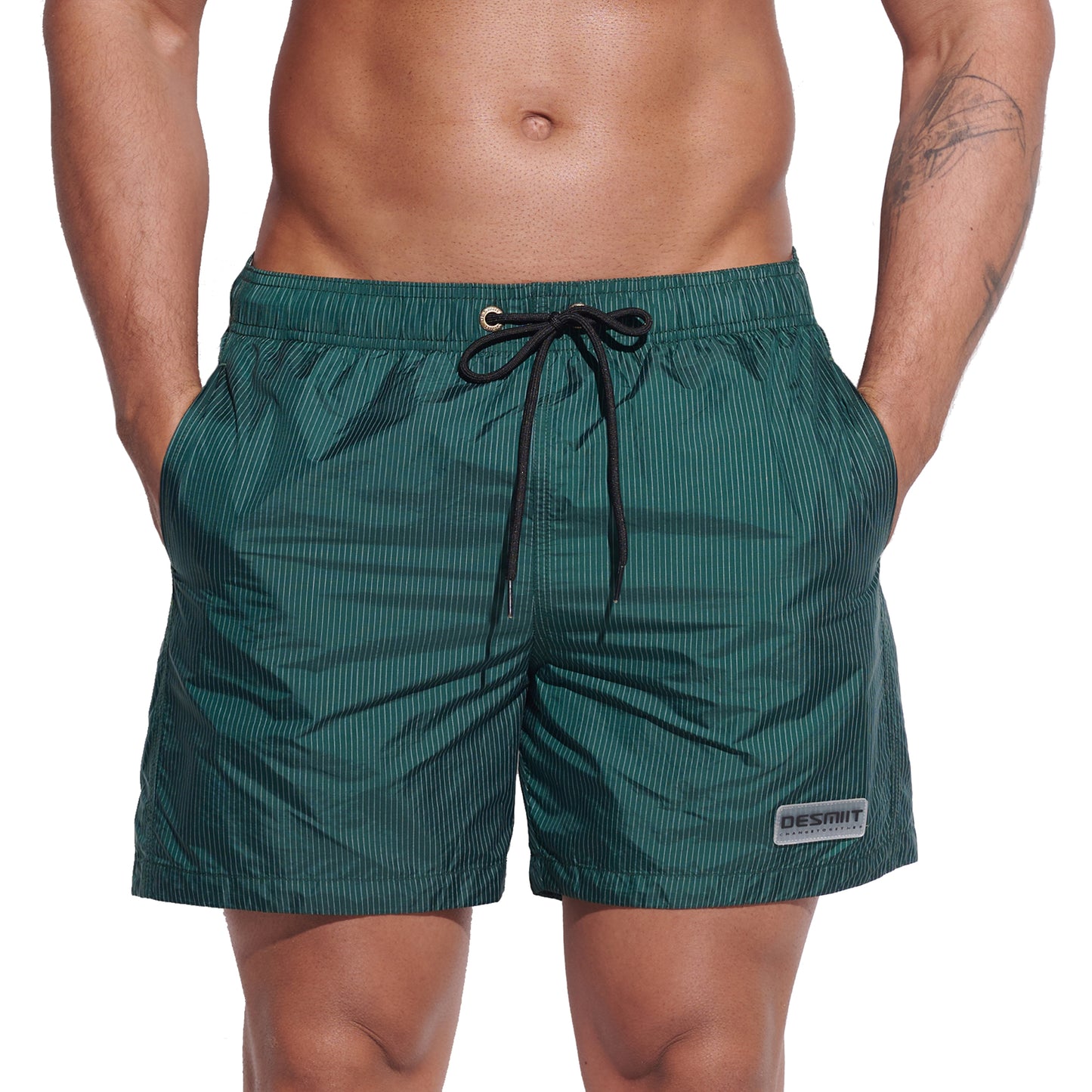 DESMIIT Men's Shiny Vertical Stripes Modern Short‑Fit Moisture‑Wicking Drawstring Swim Board Shorts, Breathable Summer Beach Trunks for Everyday Wear B3345