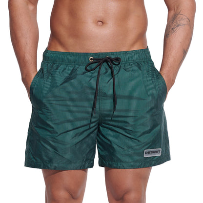 DESMIIT Men's Shiny Vertical Stripes Modern Short‑Fit Moisture‑Wicking Drawstring Swim Board Shorts, Breathable Summer Beach Trunks for Everyday Wear B3345