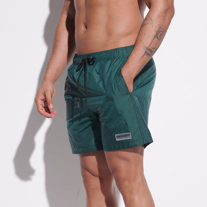DESMIIT Men's Shiny Vertical Stripes Modern Short‑Fit Moisture‑Wicking Drawstring Swim Board Shorts, Breathable Summer Beach Trunks for Everyday Wear B3345