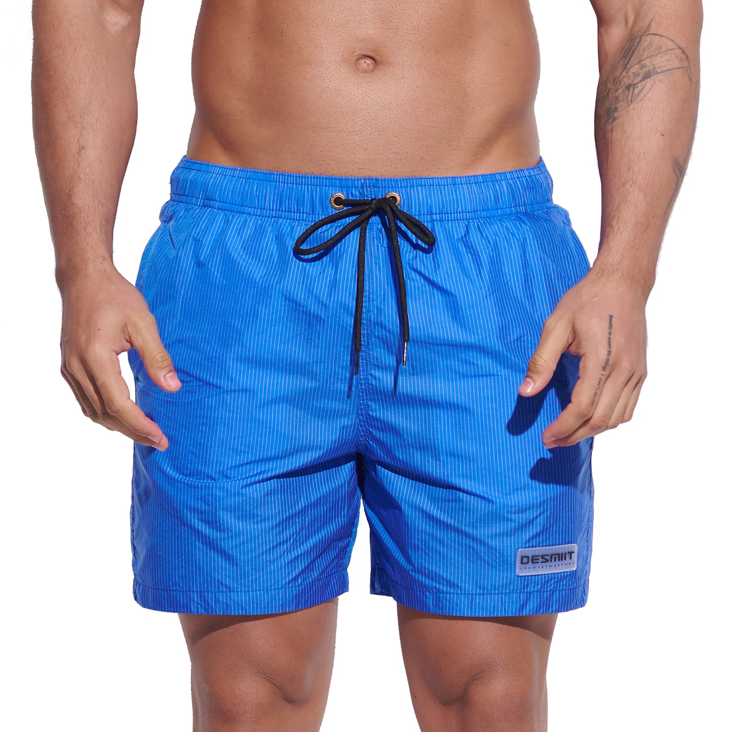 DESMIIT Men's Shiny Vertical Stripes Modern Short‑Fit Moisture‑Wicking Drawstring Swim Board Shorts, Breathable Summer Beach Trunks for Everyday Wear B3345