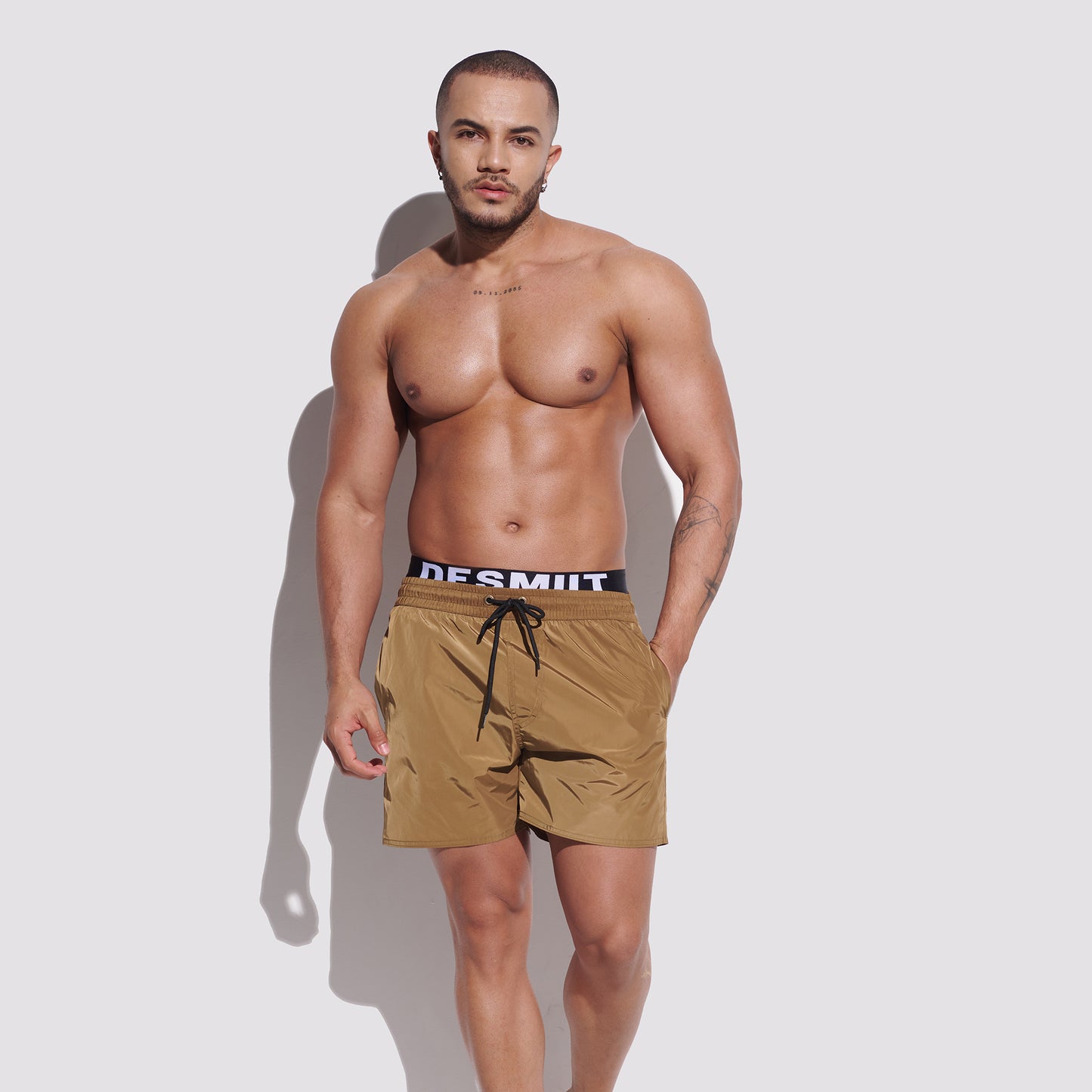 DESMIIT Men's Fake Two‑Piece Swim Board Shorts, Pickle Green, Structured Fabric Quick‑Dry Breathable Beach Shorts B3347