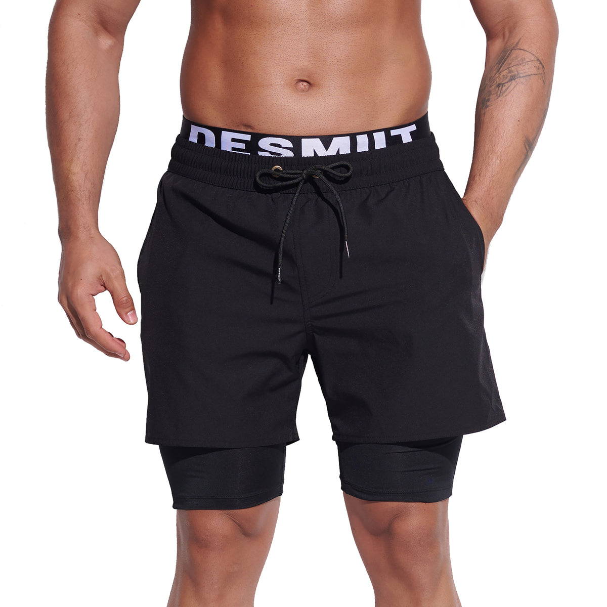 DESMIIT Men's Quick‑Dry 4‑Way Stretch Multi‑Functional Swim Shorts with Tight Long Inner Lining for Daily Wear Gym Aerobics B3358
