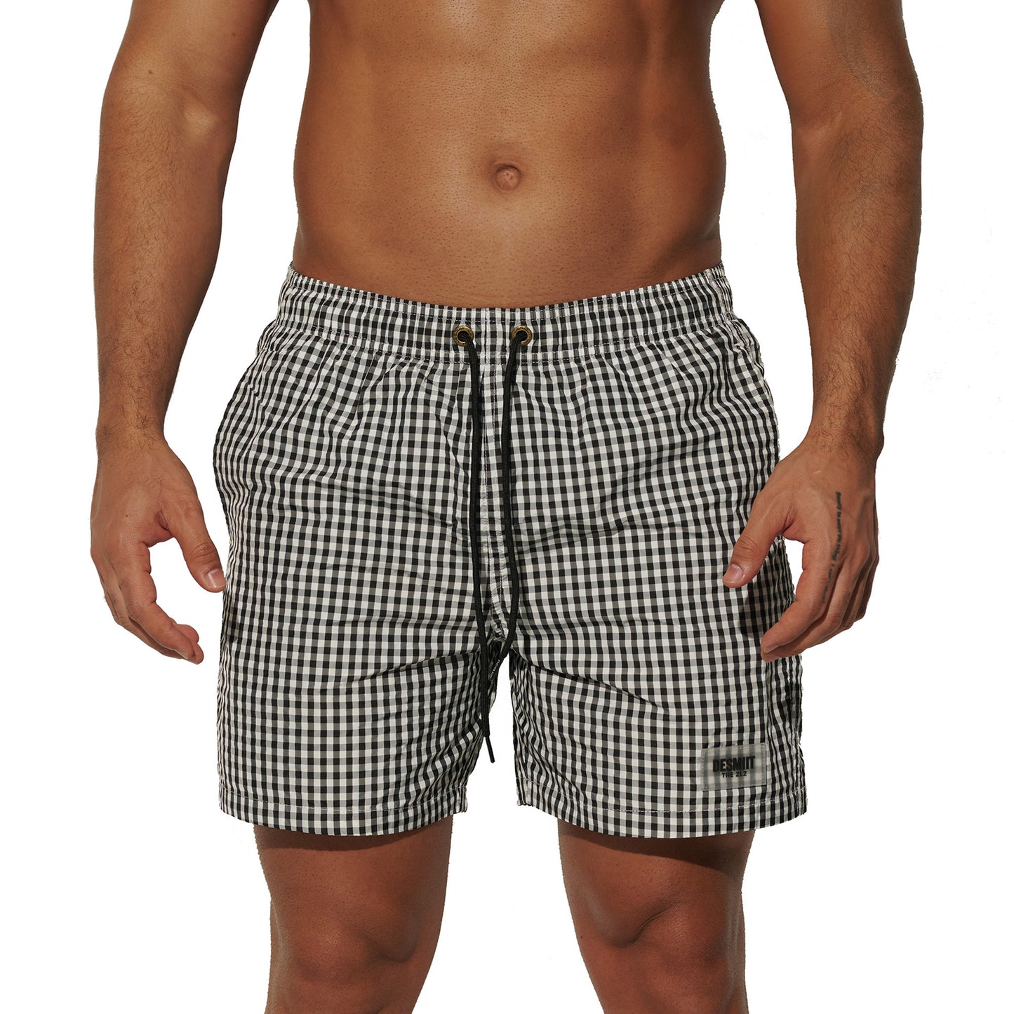 DESMIIT Men's Fine Plaid Short‑Cut Lightweight Quick‑Dry Drawstring Board Shorts with Pockets for Gym Aerobics B3567