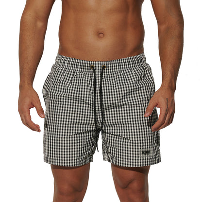 DESMIIT Men's Fine Plaid Short‑Cut Lightweight Quick‑Dry Drawstring Board Shorts with Pockets for Gym Aerobics B3567