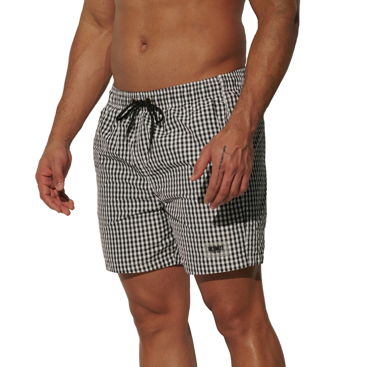 DESMIIT Men's Fine Plaid Short‑Cut Lightweight Quick‑Dry Drawstring Board Shorts with Pockets for Gym Aerobics B3567