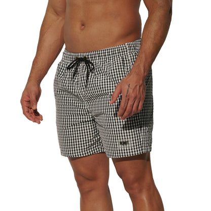 DESMIIT Men's Fine Plaid Short‑Cut Lightweight Quick‑Dry Drawstring Board Shorts with Pockets for Gym Aerobics B3567