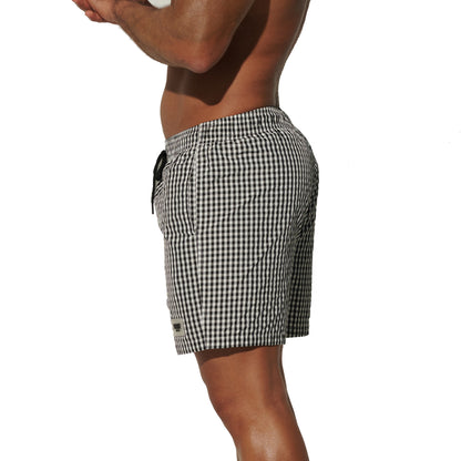 DESMIIT Men's Fine Plaid Short‑Cut Lightweight Quick‑Dry Drawstring Board Shorts with Pockets for Gym Aerobics B3567