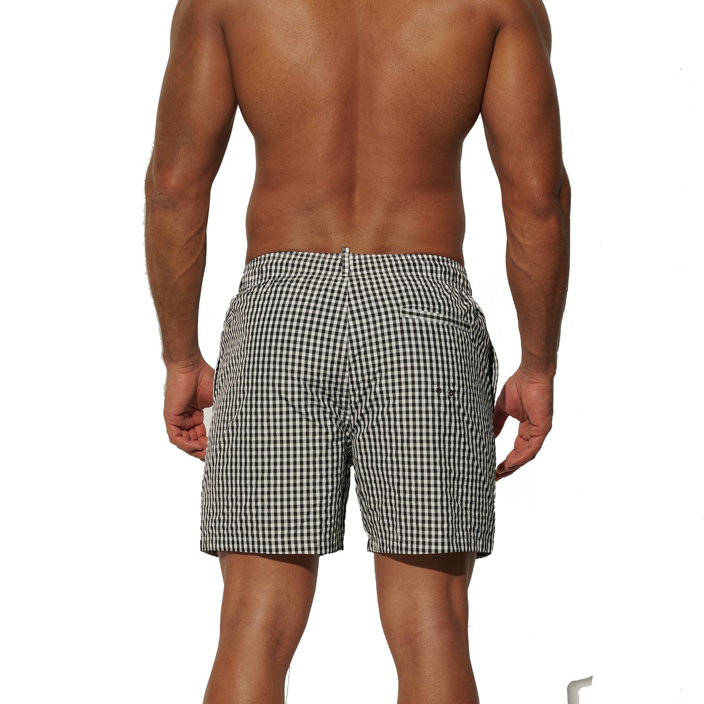 DESMIIT Men's Fine Plaid Short‑Cut Lightweight Quick‑Dry Drawstring Board Shorts with Pockets for Gym Aerobics B3567