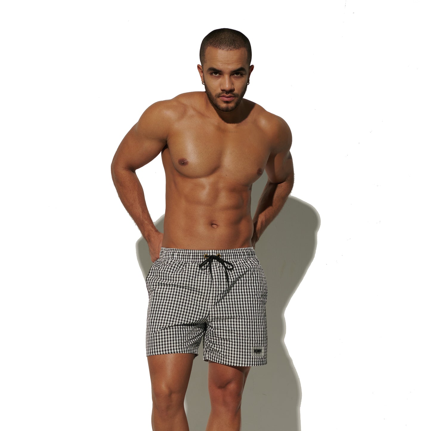 DESMIIT Men's Fine Plaid Short‑Cut Lightweight Quick‑Dry Drawstring Board Shorts with Pockets for Gym Aerobics B3567
