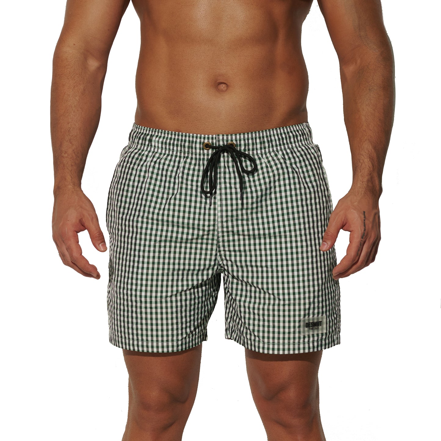 DESMIIT Men's Fine Plaid Short‑Cut Lightweight Quick‑Dry Drawstring Board Shorts with Pockets for Gym Aerobics B3567
