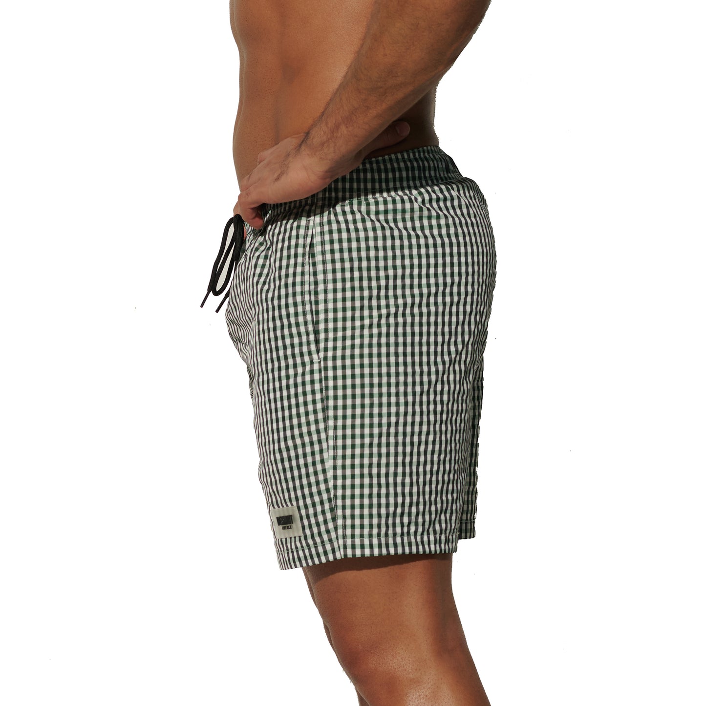 DESMIIT Men's Fine Plaid Short‑Cut Lightweight Quick‑Dry Drawstring Board Shorts with Pockets for Gym Aerobics B3567