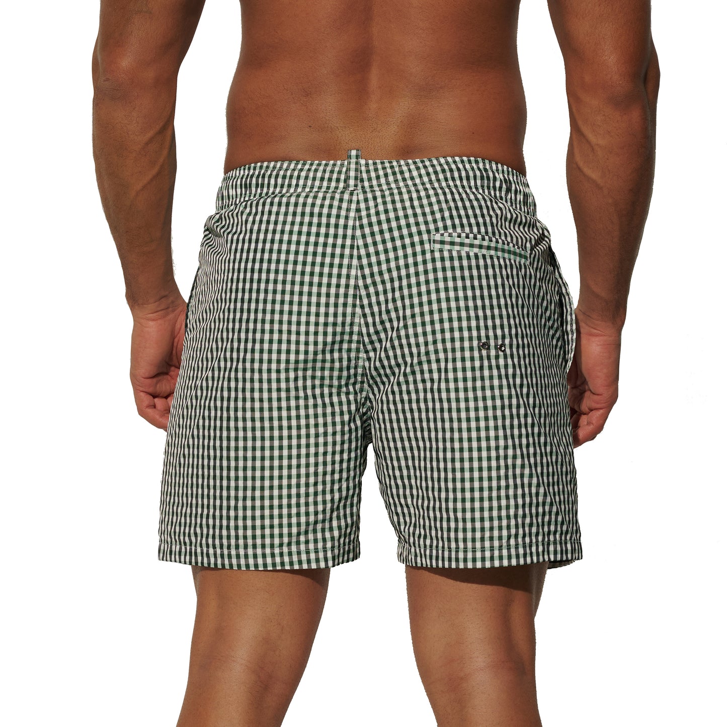 DESMIIT Men's Fine Plaid Short‑Cut Lightweight Quick‑Dry Drawstring Board Shorts with Pockets for Gym Aerobics B3567