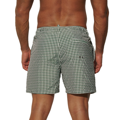 DESMIIT Men's Fine Plaid Short‑Cut Lightweight Quick‑Dry Drawstring Board Shorts with Pockets for Gym Aerobics B3567