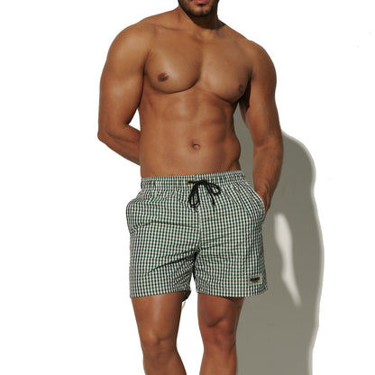 DESMIIT Men's Fine Plaid Short‑Cut Lightweight Quick‑Dry Drawstring Board Shorts with Pockets for Gym Aerobics B3567