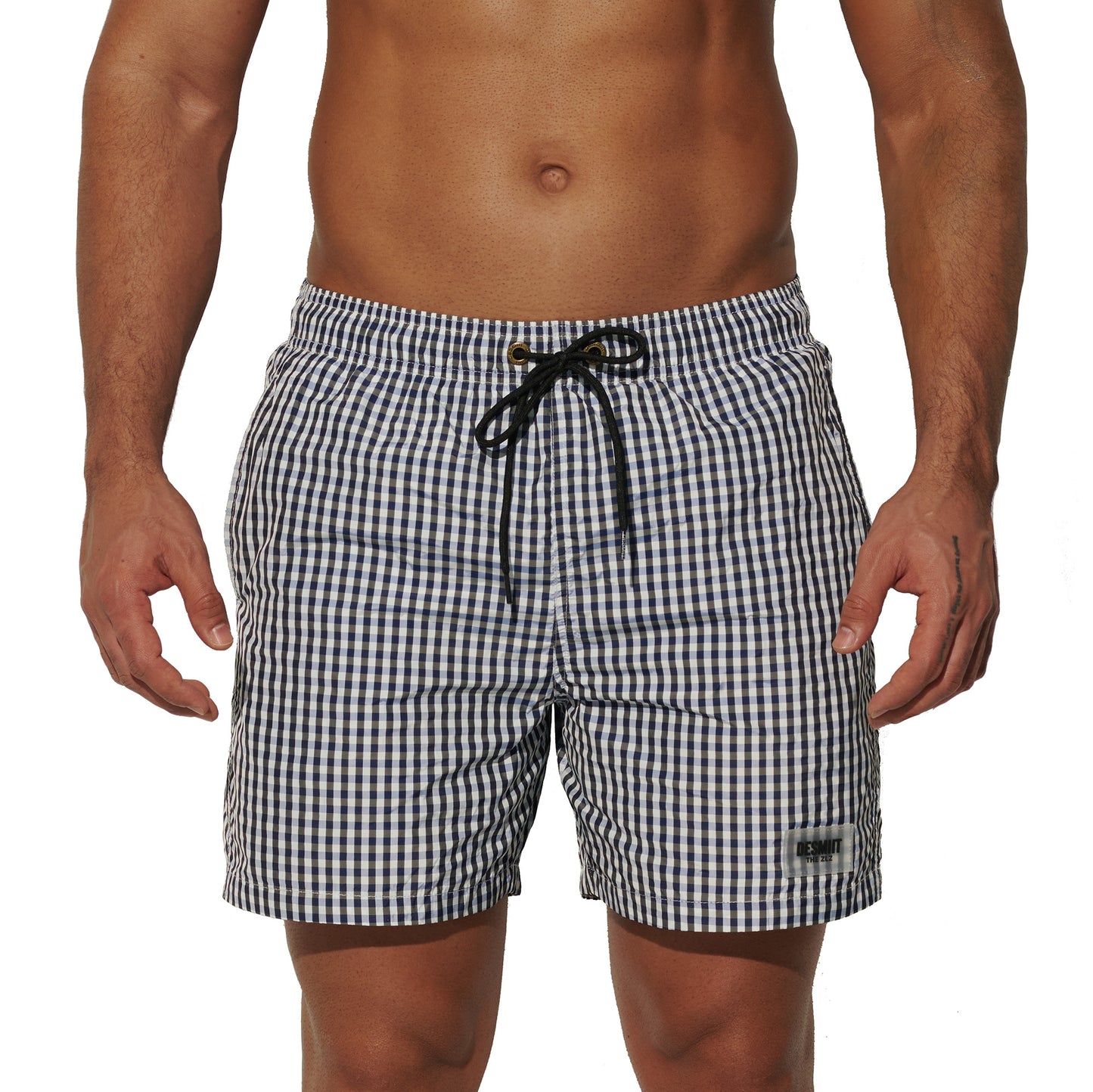 DESMIIT Men's Fine Plaid Short‑Cut Lightweight Quick‑Dry Drawstring Board Shorts with Pockets for Gym Aerobics B3567