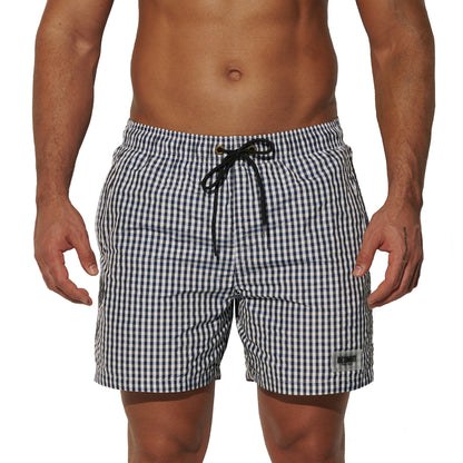 DESMIIT Men's Fine Plaid Short‑Cut Lightweight Quick‑Dry Drawstring Board Shorts with Pockets for Gym Aerobics B3567