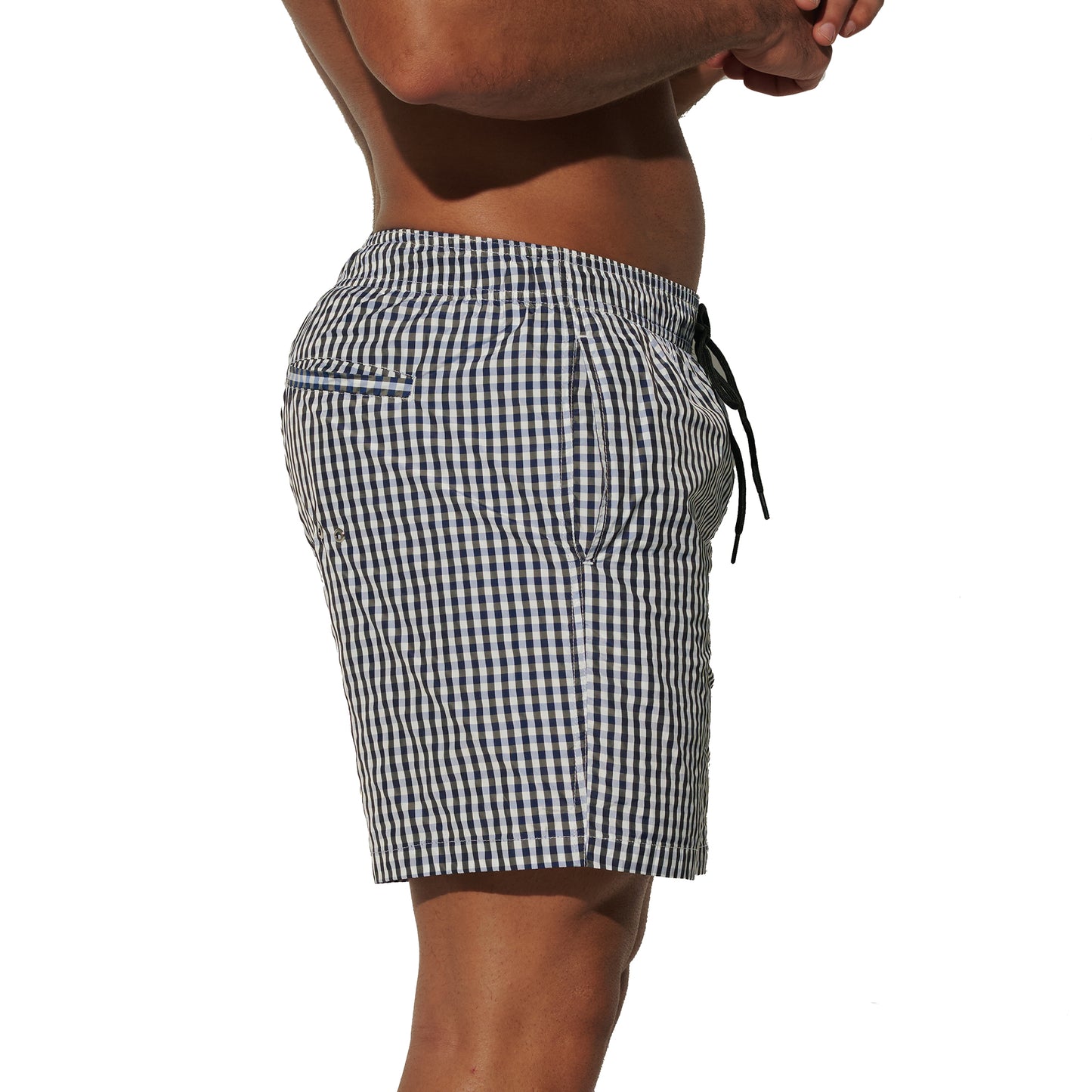 DESMIIT Men's Fine Plaid Short‑Cut Lightweight Quick‑Dry Drawstring Board Shorts with Pockets for Gym Aerobics B3567