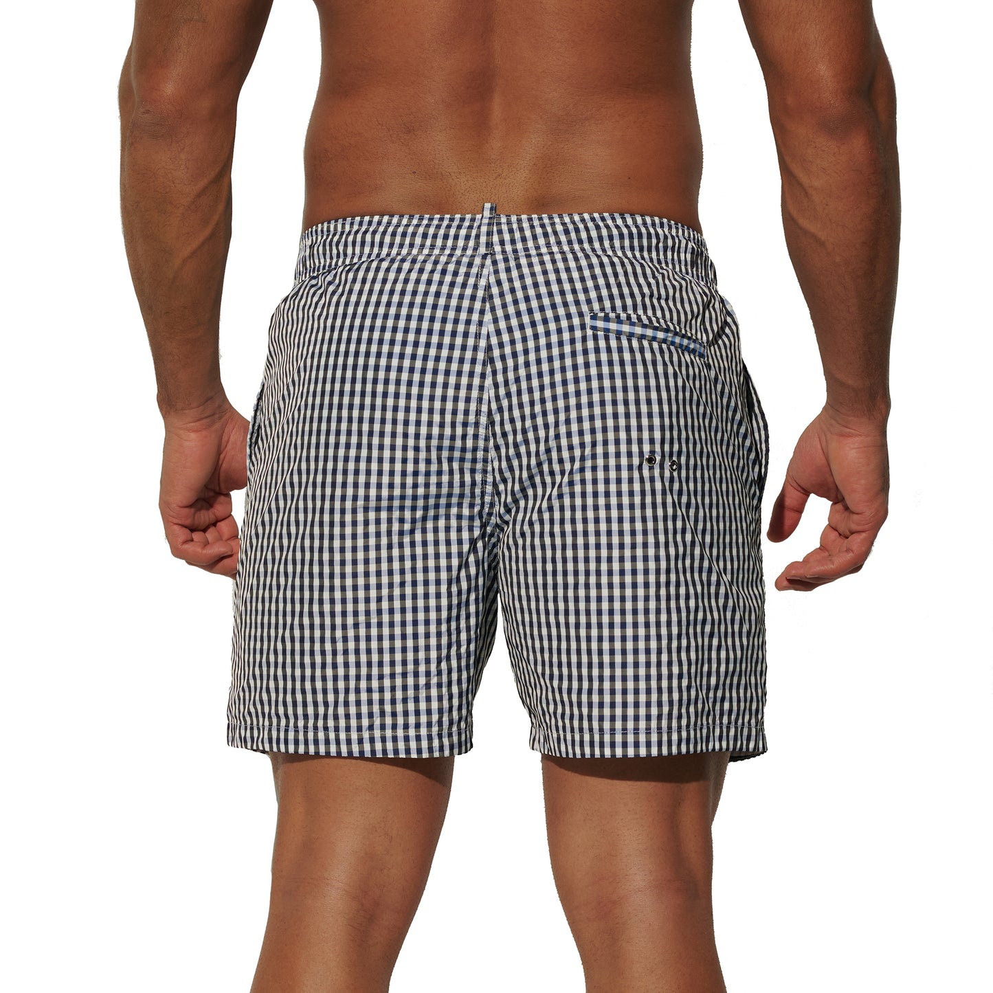 DESMIIT Men's Fine Plaid Short‑Cut Lightweight Quick‑Dry Drawstring Board Shorts with Pockets for Gym Aerobics B3567