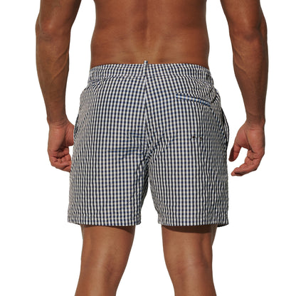 DESMIIT Men's Fine Plaid Short‑Cut Lightweight Quick‑Dry Drawstring Board Shorts with Pockets for Gym Aerobics B3567