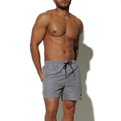 DESMIIT Men's Fine Plaid Short‑Cut Lightweight Quick‑Dry Drawstring Board Shorts with Pockets for Gym Aerobics B3567