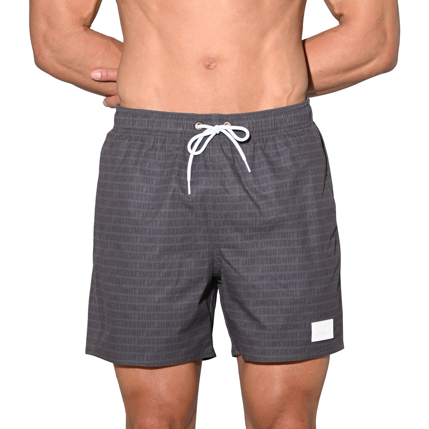 DESMIIT Men's Lightweight Quick Dry Letter Print Drawstring Board Shorts with Pockets for Aerobics B3575