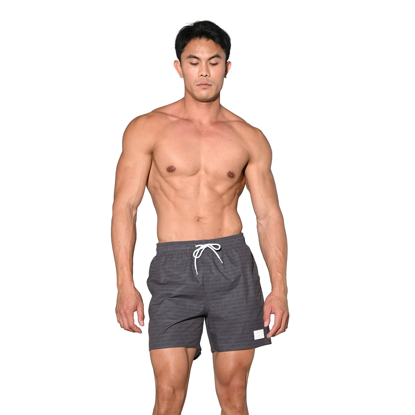 DESMIIT Men's Lightweight Quick Dry Letter Print Drawstring Board Shorts with Pockets for Aerobics B3575