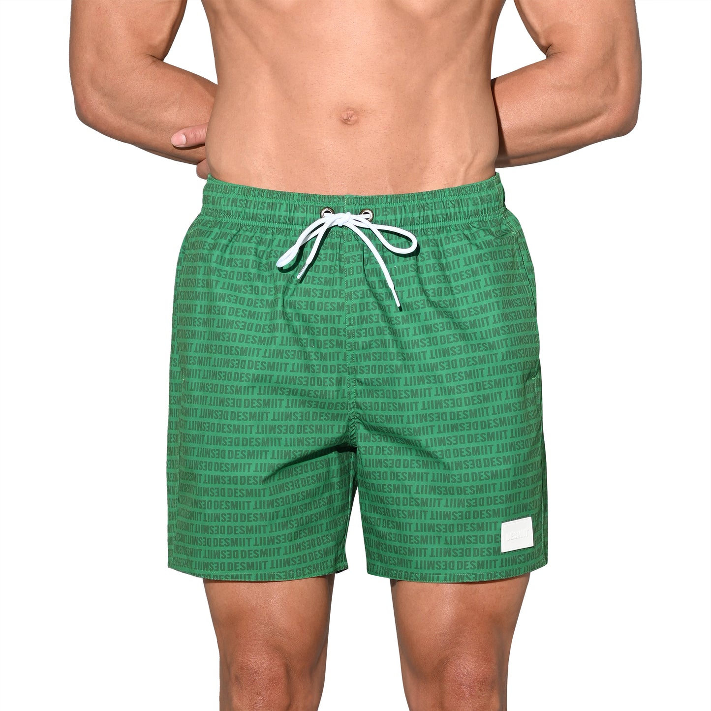 DESMIIT Men's Lightweight Quick Dry Letter Print Drawstring Board Shorts with Pockets for Aerobics B3575