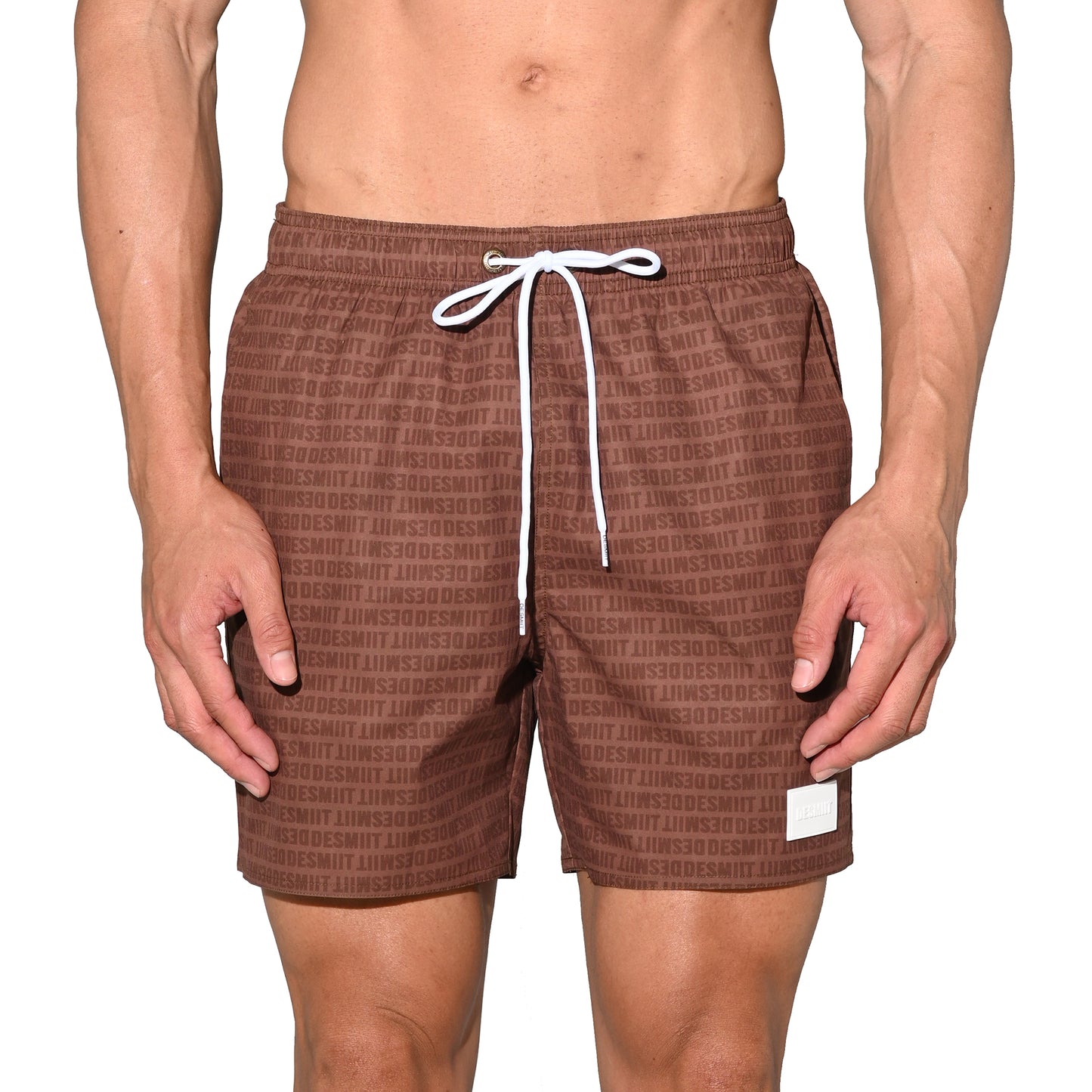 DESMIIT Men's Lightweight Quick Dry Letter Print Drawstring Board Shorts with Pockets for Aerobics B3575