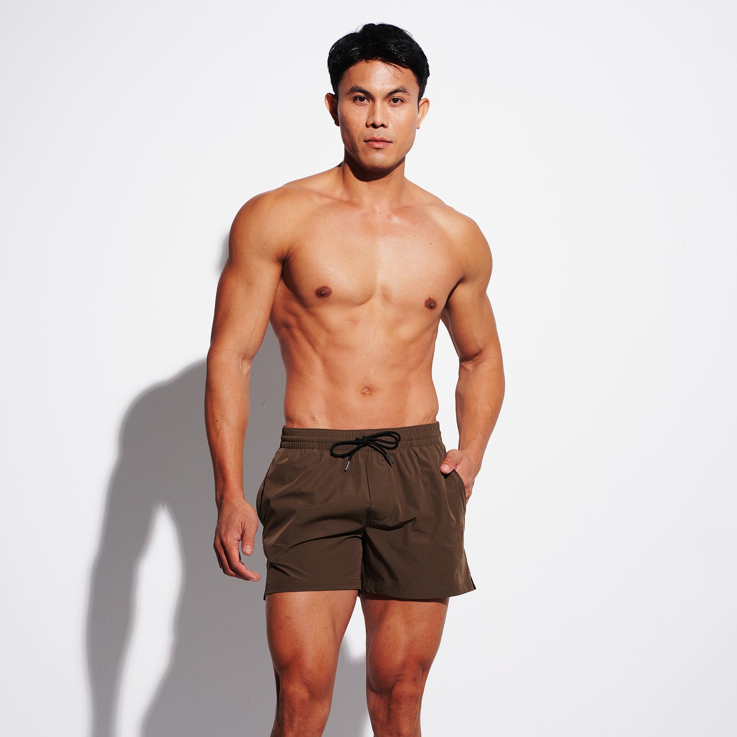 Men's Solid Ultra Short Athletic Swim Shorts, High Stretch Soft Quick-Dry Board Shorts with Pockets & Brief Liner B3683