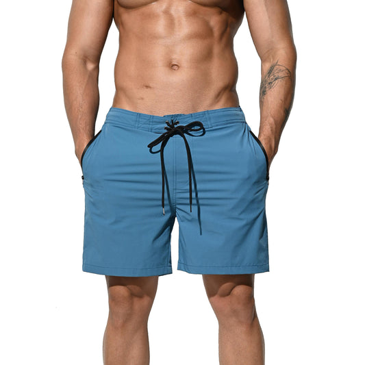 DESMIIT Men's Elastic Board shorts  Solid color quick drying swimming trunks sports shorts 4 points in summer B4119