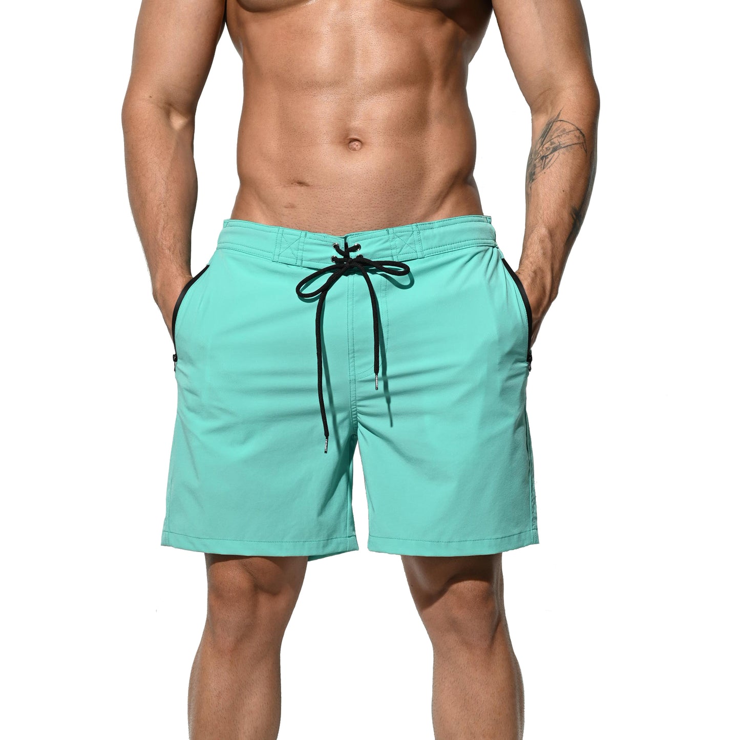 DESMIIT Men's Elastic Board shorts  Solid color quick drying swimming trunks sports shorts 4 points in summer B4119