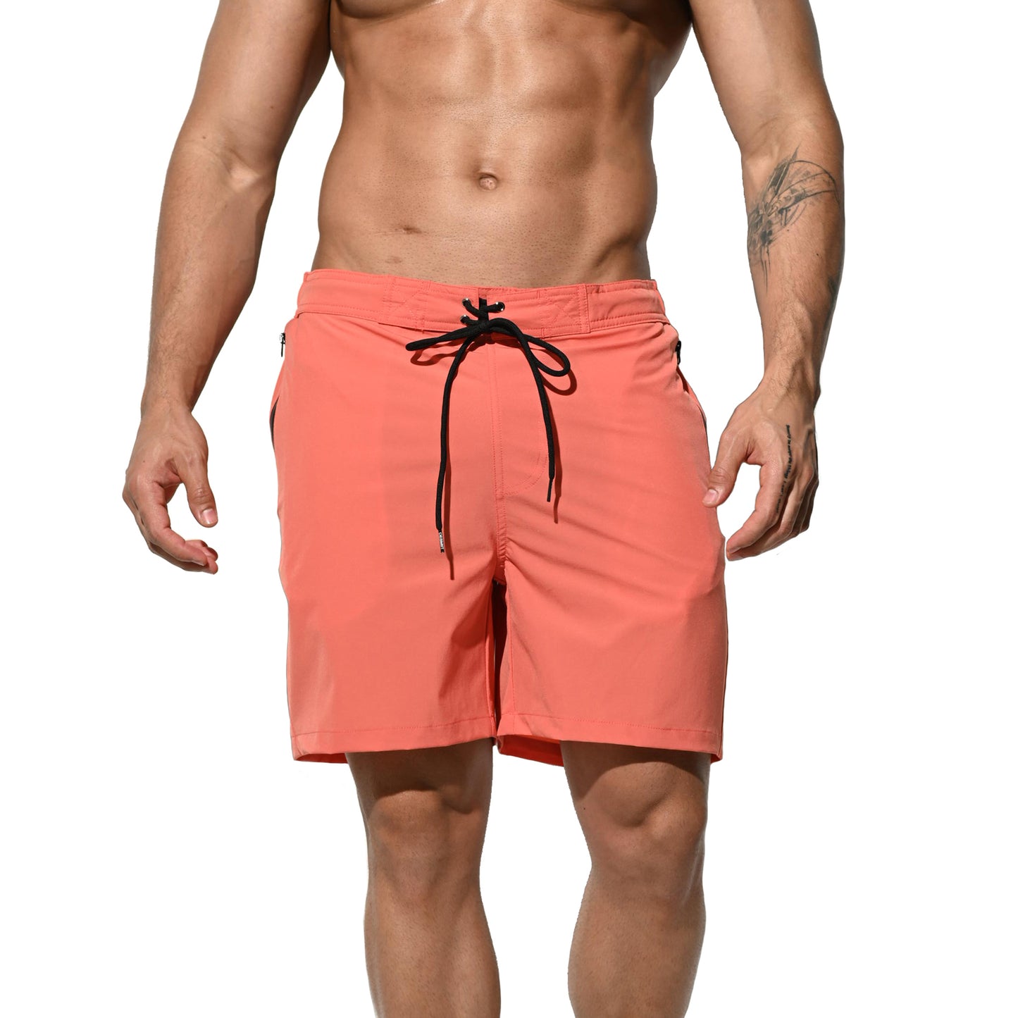 DESMIIT Men's Elastic Board shorts  Solid color quick drying swimming trunks sports shorts 4 points in summer B4119