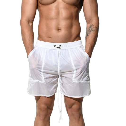 DESMIIT Men's Ultra-thin Semi-translucent Beach pants Sexy vacation 4-point shorts B4123