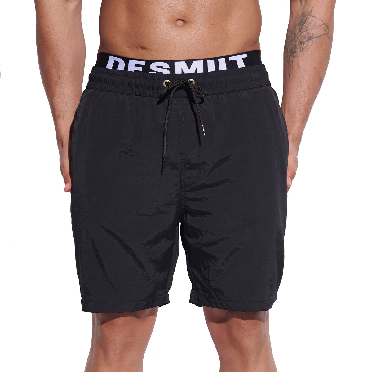 DESMIIT Men's Mock Two-Piece Swim Board Shorts Structured Fabric Quick‑Dry Breathable Beach Shorts B4351
