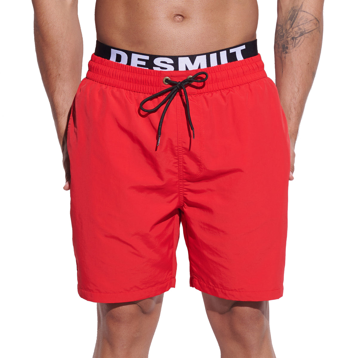 DESMIIT Men's Mock Two-Piece Swim Board Shorts Structured Fabric Quick‑Dry Breathable Beach Shorts B4351