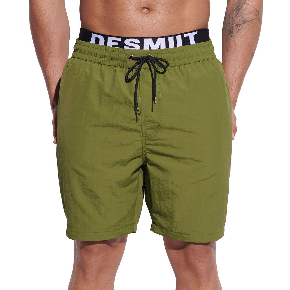 DESMIIT Men's Mock Two-Piece Swim Board Shorts Structured Fabric Quick‑Dry Breathable Beach Shorts B4351