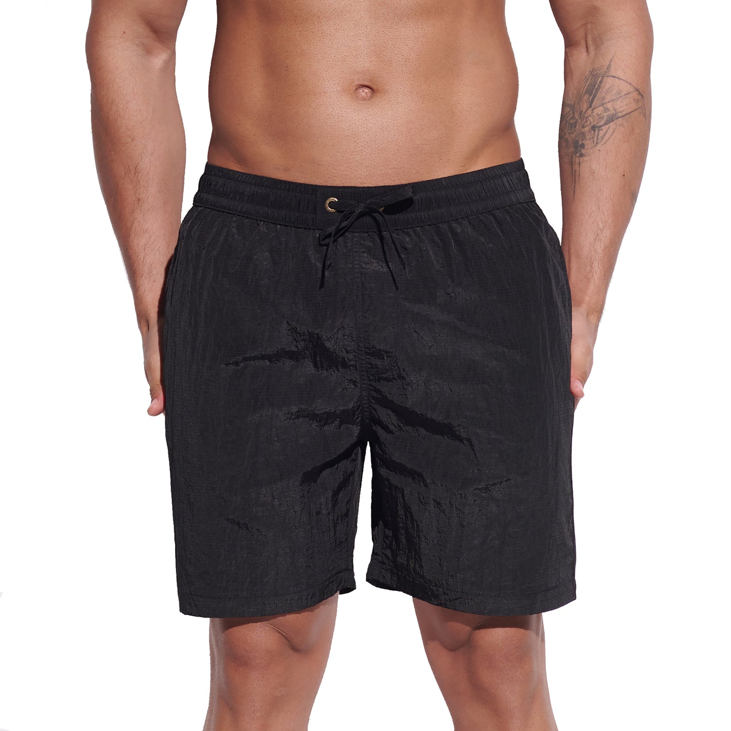 DESMIIT Men's Fashion Cargo‑Style Printed Shiny‑Fabric Swim Board Shorts, Quick‑Dry Breathable Beach Trunks B4355