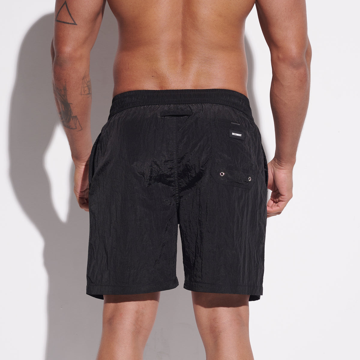DESMIIT Men's Fashion Cargo‑Style Printed Shiny‑Fabric Swim Board Shorts, Quick‑Dry Breathable Beach Trunks B4355