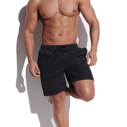 DESMIIT Men's Fashion Cargo‑Style Printed Shiny‑Fabric Swim Board Shorts, Quick‑Dry Breathable Beach Trunks B4355