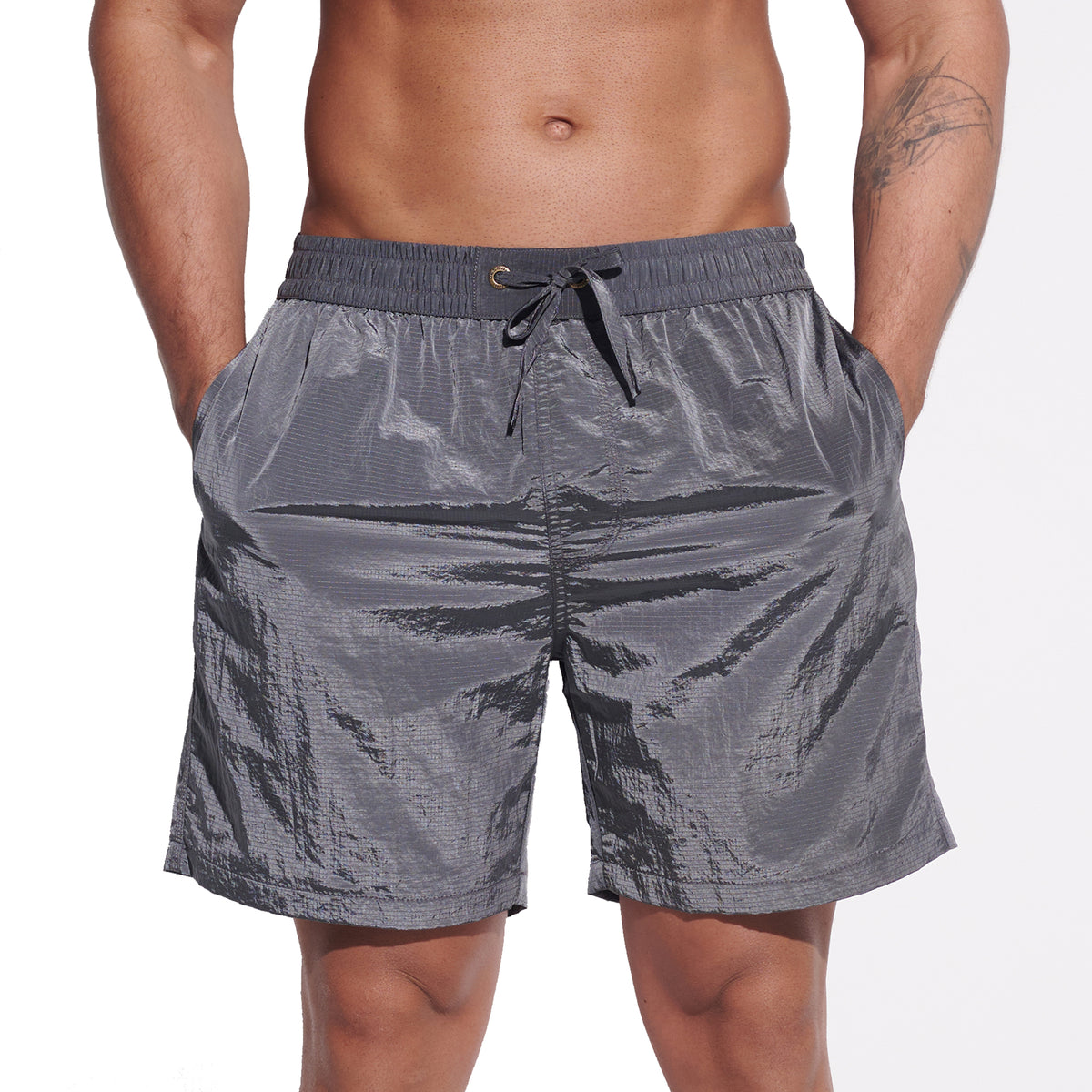 DESMIIT Men's Fashion Cargo‑Style Printed Shiny‑Fabric Swim Board Shorts, Quick‑Dry Breathable Beach Trunks B4355