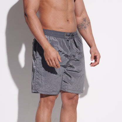 DESMIIT Men's Fashion Cargo‑Style Printed Shiny‑Fabric Swim Board Shorts, Quick‑Dry Breathable Beach Trunks B4355