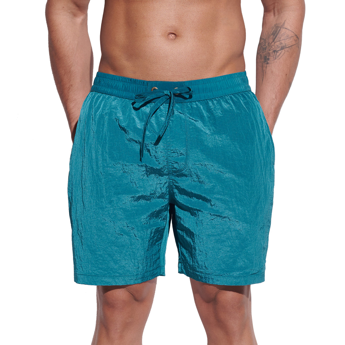 DESMIIT Men's Fashion Cargo‑Style Printed Shiny‑Fabric Swim Board Shorts, Quick‑Dry Breathable Beach Trunks B4355
