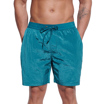 DESMIIT Men's Fashion Cargo‑Style Printed Shiny‑Fabric Swim Board Shorts, Quick‑Dry Breathable Beach Trunks B4355