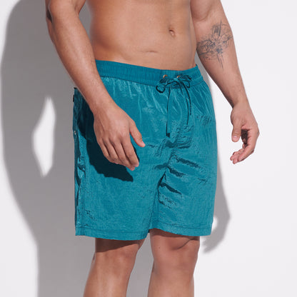DESMIIT Men's Fashion Cargo‑Style Printed Shiny‑Fabric Swim Board Shorts, Quick‑Dry Breathable Beach Trunks B4355