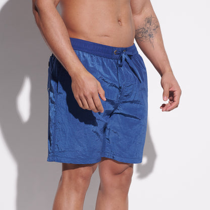 DESMIIT Men's Fashion Cargo‑Style Printed Shiny‑Fabric Swim Board Shorts, Quick‑Dry Breathable Beach Trunks B4355