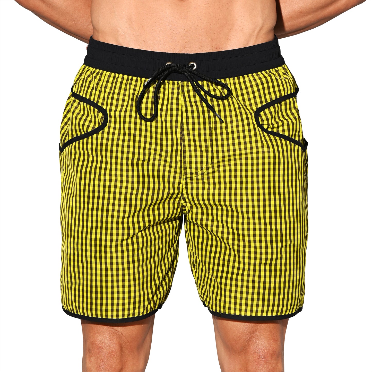 DESMIIT Men's Fine‑Plaid Breathable Quick‑Dry Drawstring Board Shorts with Pockets, Summer Beach Swim Trunks Casual Daily Wear B4570